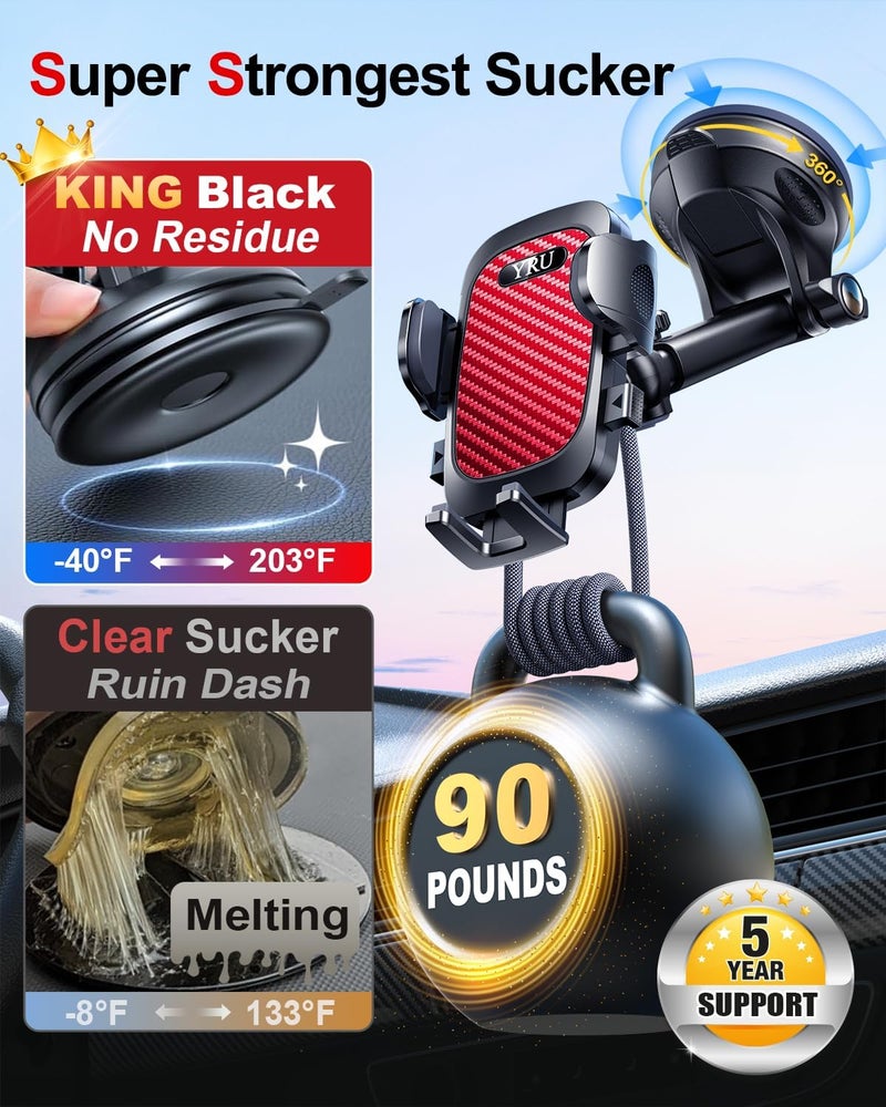 YRU True Military-Grade [360° Rotation Suction] 2026 Ultimate Car Phone Holder Mount 【90+LBS Safest Strongest & Patent Certs】 Dashboard Windshield Vent for iPhone 17 16 Pro Max Samsung, Red - Image 3